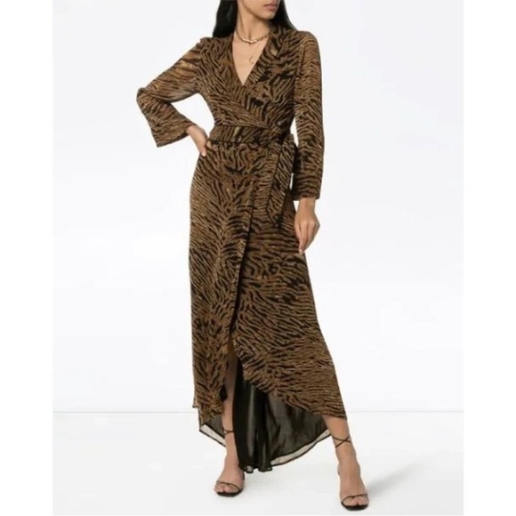 GANNI Brown Animal Print Wrap Maxi Dress - Picture 1 of 12
